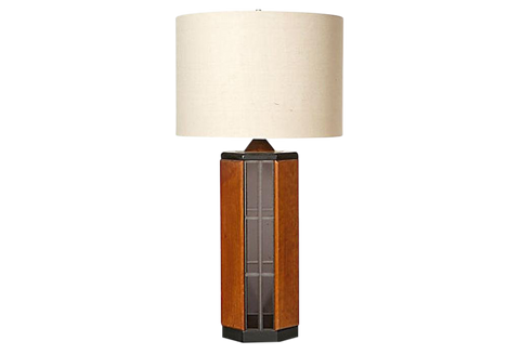 1970s Smoked Glass & Wood Table Lamp