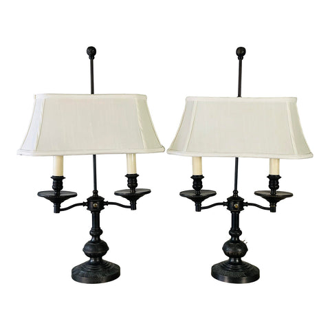 Double Arm Rectangular Table Lamps With Shades, Pair