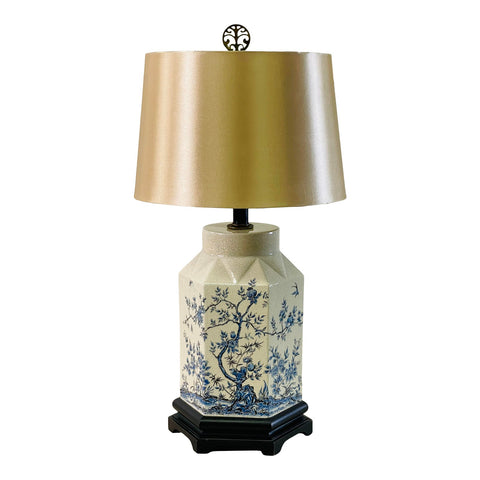 Vintage 1950s Chinoiserie Blue & White Crackle Ceramic Table Lamp