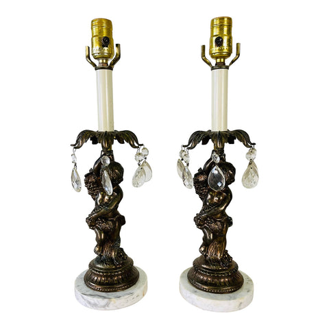 Vintage 1950s Metal Cherub Table Lamps, Pair