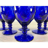 Vintage 1950s Quilted Cobalt Glass Water Stems, Set of 6
