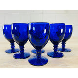 Vintage 1950s Quilted Cobalt Glass Water Stems, Set of 6