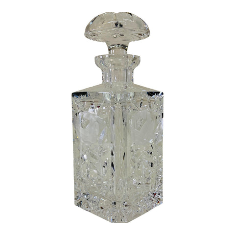 Vintage 1950s Rose Etched Square Glass Decanter