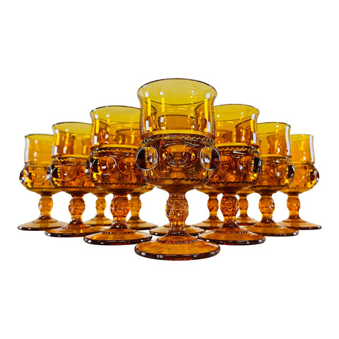 Vintage 1960s Amber Thumbprint Glass Water Stems, Set of 12