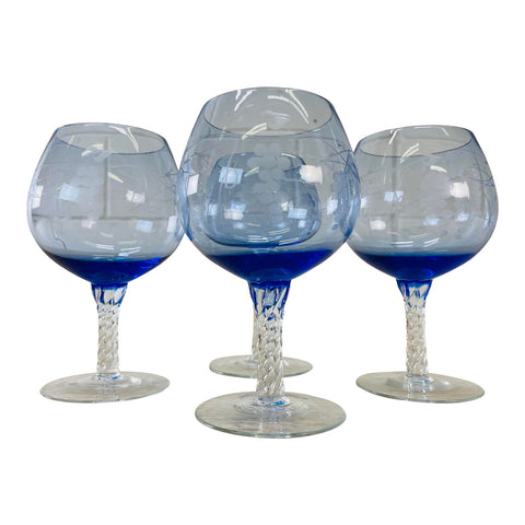 Vintage 1960s Blue Glass Brandy Snifters, Set of 4