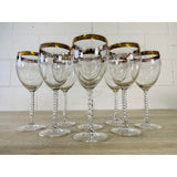 Vintage 1960s Floral Gold Rim & Twisted Stem Goblets, Set of 8