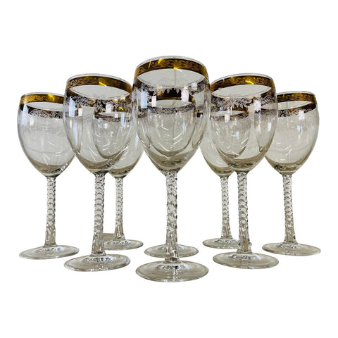 Vintage 1960s Floral Gold Rim & Twisted Stem Goblets, Set of 8