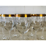 Vintage 1960s Floral Gold Rim & Twisted Stem Goblets, Set of 8