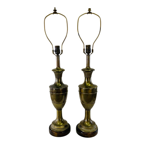 Vintage 1960s Frederick Cooper Brass & Mahogany Base Table Lamps, Pair