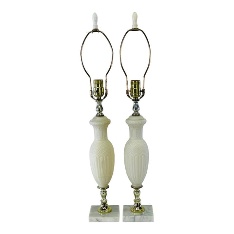 Vintage 1960s Frosted White Glass Table Lamps with Marble Bases, Pair