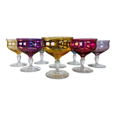 Vintage 1960s Multi-Colored Iridescent Glass Coupes, Set of 8