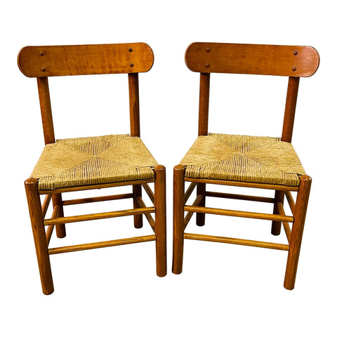 Vintage 1960s Oak and Papercord Seat Dining Chairs, Pair