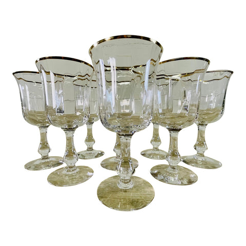 Vintage 1970s Gold Rim Glass Water Stems, Set of 8