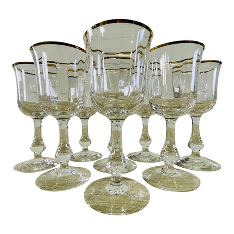 Vintage 1970s Gold Rim Glass Wine Stems, Set of 8