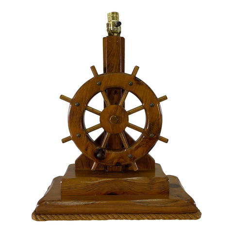 Vintage 1970s Nautical Ships Wheel Wood Table Lamp