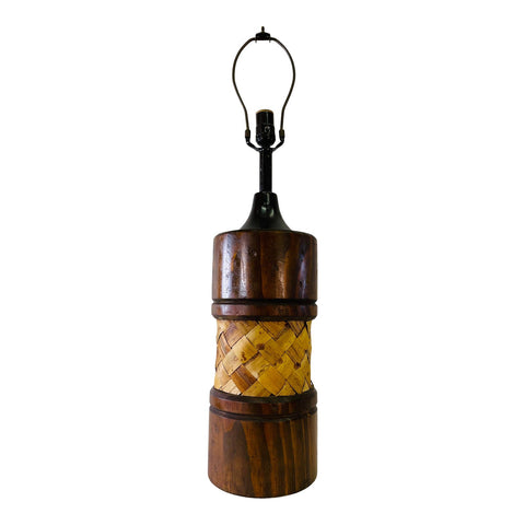 Vintage 1970s Pine & Rattan Table Lamp