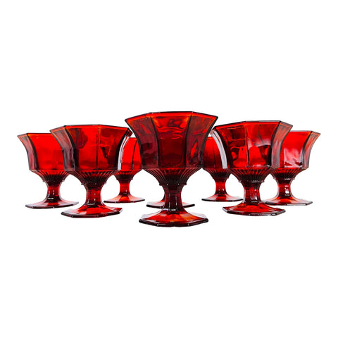 Vintage 1970s Red 8-Sided Glass Coupes, Set of 8