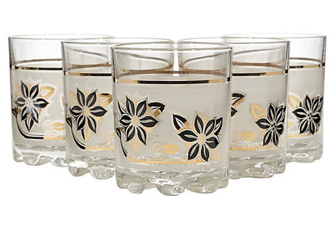 Frosted Black & Gilt Glass Tumblers, Set of 5