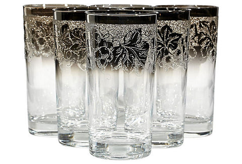 1960s Textured Silver Rim Glasses, Set of 6