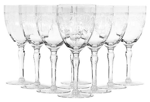 1950s Laurel & Bow Etched Wine Stems, Set of 9