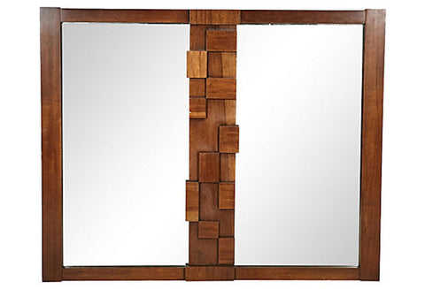 1960s Lane Walnut Mosaic Wood Block Double Wall Mirror