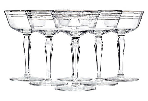 Art Deco Silver Ringed Glass Coupes, Set of 6