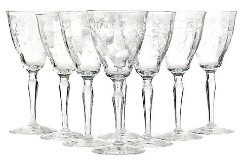 Art Deco Floral Etched Glass Stems, Set of 8