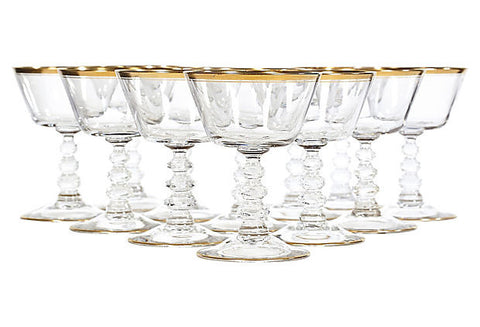 Art Deco Gilt Banded Glass Coupes, Set of 12