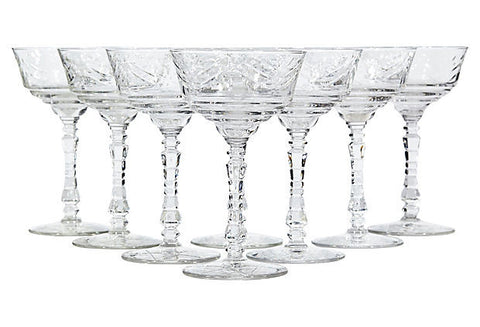Art Deco Floral Cut Glass Coupes, Set of 8