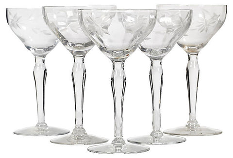 1950s Floral Etched Small Coupes, Set of 5