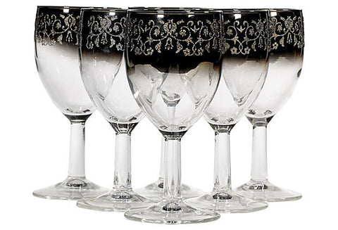 1960s Floral Silver Fade Wine Stems, Set of 6