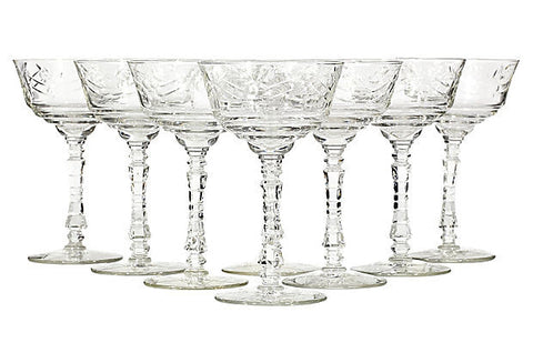 vintage wheel cut floral glass coupes