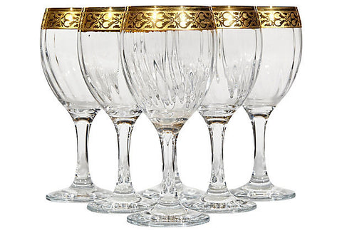 floral gilt rim tall glass wine stems by Murano Glass