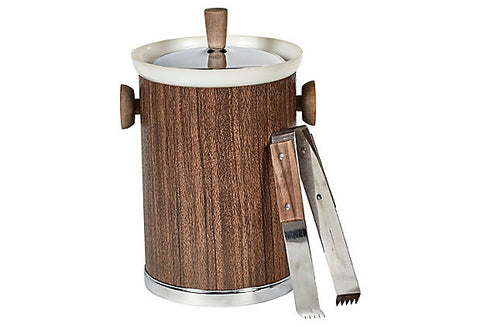 1960s Wood Grain Ice Bucket w/ Tongs