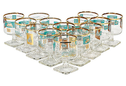 1960s Gilt Showboat Footed Stems, Set of 14